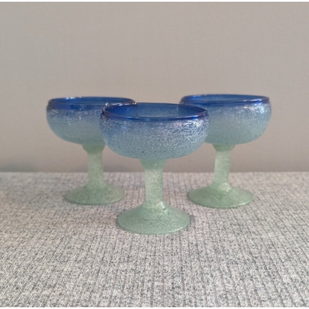 Mexican Cobalt Rim Hand Blown-Glass Mini Margarita/Dessert/Sorbet Cups, Set of 3